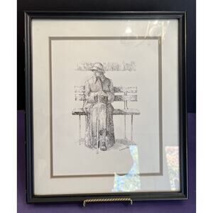 Framed Graphite Pencil Sketch Drawing “Woman on Park Bench” Diane Cone Booty